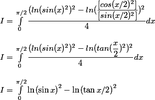 I = \int_{0}^{\pi/2}{\dfrac{(ln(sin(x)^2)^2 - ln(\dfrac{[cos(x/2)^2]}{[sin(x/2)^2]})^2}{4}dx} \\  \\ I = \int_{0}^{\pi/2}{\dfrac{(ln(sin(x)^2)^2 - ln(tan(\dfrac{x}{2})^2)^2}{4}dx} \\  \\ I = \int_{0}^{\pi/2}{\ln{(\sin{x})}^2-\ln{(\tan{x/2})}^2